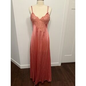 Vtg Lily Of France Dainty Lace Coquette Maxi Nightgown Slip Dress Sz M Pink